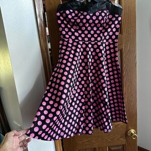Large Black and Pink Polka Dot Halter Dress Silk Ribbon side-zipper